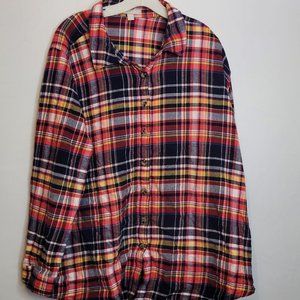 Woman Within Flannel Shirt Size 1X 22/24 Plus Size Cotton Red Blue Yellow Plaid